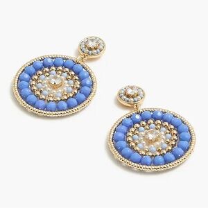 NWT J.Crew Beaded Circle Statement Earrings, Gold, Blue Hydrangea Color